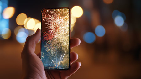 A man captures stunning fireworks on his smartphone during a lively night celebration in the city.の素材
