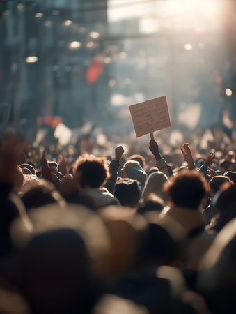 Crowd members show solidarity by raising their hands and holding signs in a vibrant protest scene.の素材