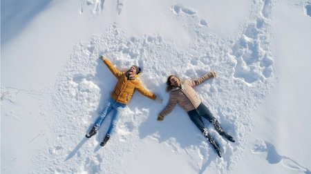 Lovers savor winter's magic, making snow angels together in a peaceful snowy scene.の素材