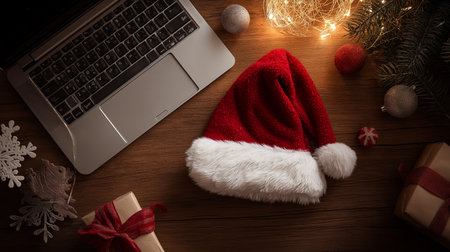 Santa hat rests on a laptop keyboard, surrounded by twinkling lights and cheerful holiday decor.の素材