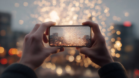 A man enjoys vibrant fireworks through his smartphone as sparks fill the night sky.の素材