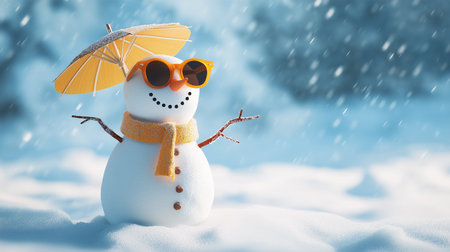 Frosty snowman stands cheerfully with sunglasses and a tiny umbrella on a snowy day.の素材