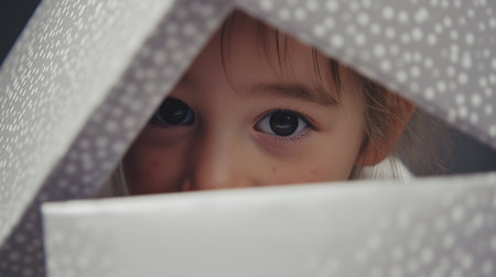 A curious child peeks from behind a large present, eyes shining with holiday joy.の素材