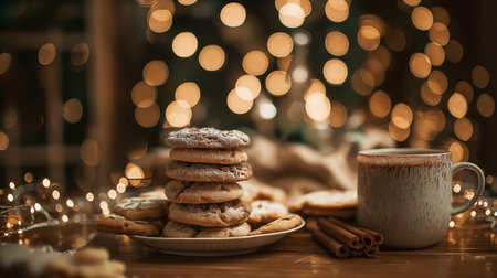 Warm cookies by a cozy mug of hot chocolate and twinkling lights set a festive mood.の素材