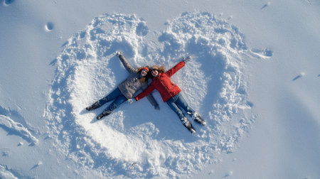 Two people create snow angels side by side, laughing joyfully in a beautiful snowy landscape.の素材