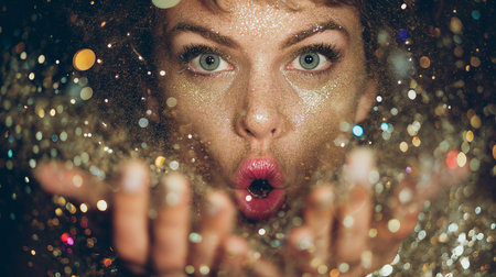 A woman shows surprise and delight as festive confetti fills the air during a lively party.の素材