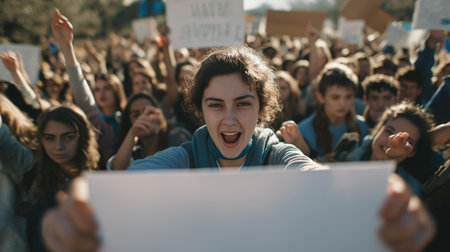 Young people gather in strong support for a cause, holding up signs and chanting together.の素材