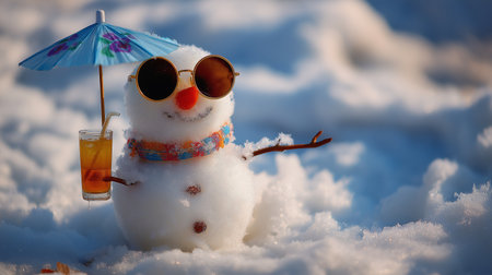 A cheerful snowman with sunglasses holds a tiny drink under a colorful umbrella in the snow.の素材