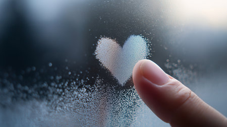 A gentle finger traces a heart on a frosted window, capturing a moment of warmth in the cold.の素材