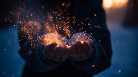 A pair of hands releases sparkling particles into the cool evening air, creating a magical moment.の素材