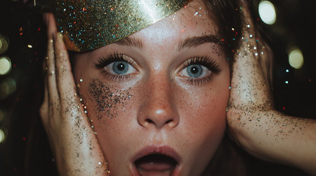 A young woman gasps in delight as confetti bursts around her from a party popper.の素材