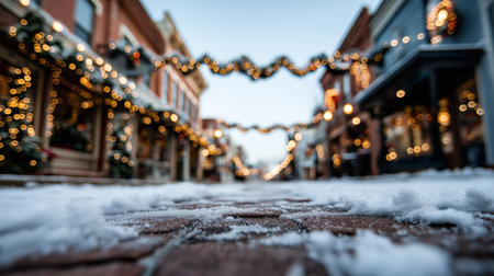 Snow covers the cobblestone path as colorful lights shine brightly in the evening sky.の素材