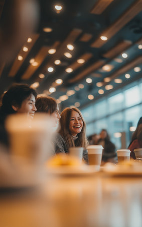 Friends share joyful moments at an airport cafe, laughing over coffee and pastries together.の素材