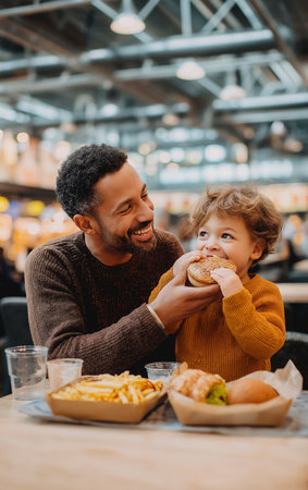 In a bustling airport food court, a child laughs while his dad playfully offers a burger.の素材