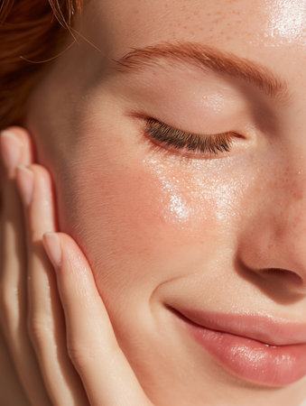 Soft light highlights fresh skin as a young woman gently touches her face, radiating happiness.の素材