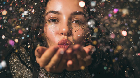 Woman expresses surprise while blowing glitter into the air during a lively party moment.の素材