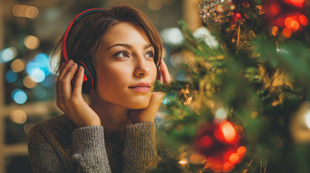 In a warm and inviting atmosphere, a woman listens to cheerful holiday tunes near a festive tree.の素材