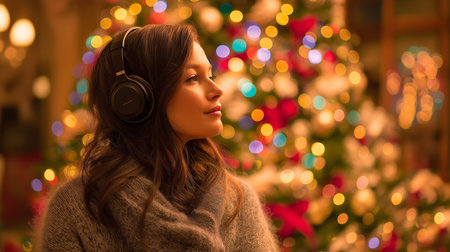 A woman enjoys holiday tunes with headphones, surrounded by warm festive lights and decor.の素材