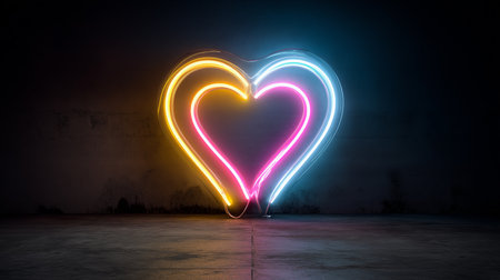 A vibrant pink and blue neon heart glows against a dark backdrop, creating warmth.の素材