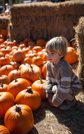A child explores a pumpkin farm on a sunny autumn day, surrounded by bright orange pumpkins.の素材