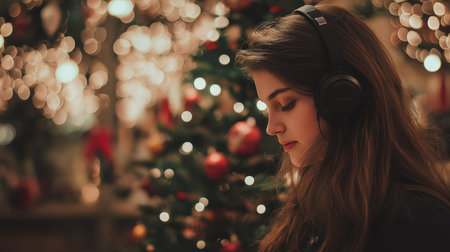 A woman in a cozy setting enjoys holiday tunes through her headphones.の素材