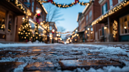 Cobblestone street glows with festive lights and snow under a serene winter sky at twilight.の素材