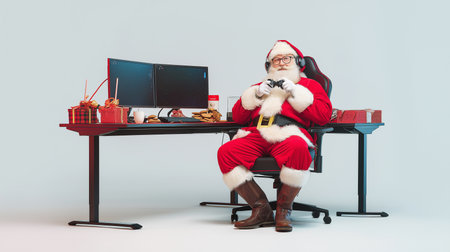 Santa Claus enjoys gaming at his desk, snacks nearby, spreading holiday cheer.の素材