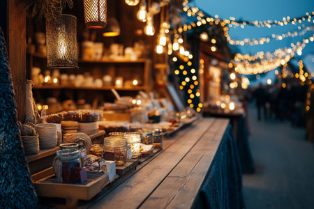 Visitors delight in unique handcrafted goods as holiday lights twinkle at a festive stall.の素材