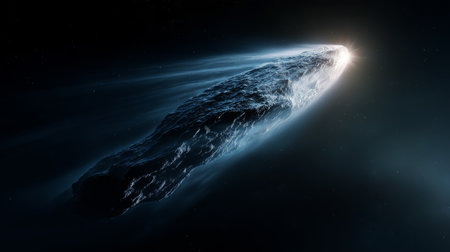 A comet streaks through the dark space, leaving a bright trail as it travels swiftly.の素材