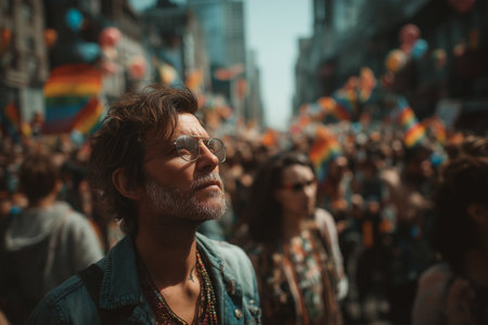 Excitement fills the air as diverse people gather for a lively pride parade with bright flags.の素材