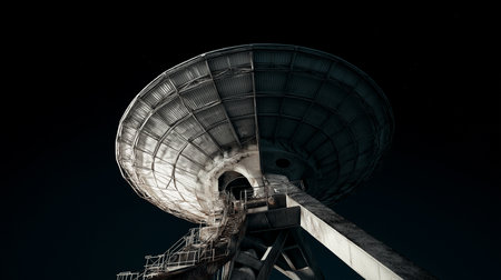 A large satellite dish stretches upward, capturing signals in the serene night atmosphere.の素材