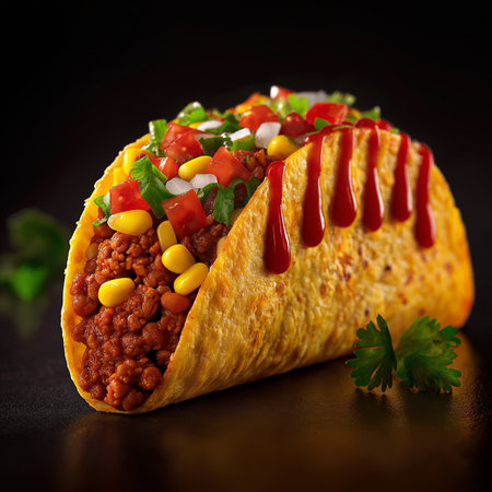 A flavorful taco sits in a warm pit, topped with fresh veggies and sauces.の素材