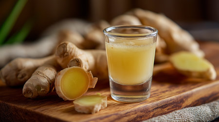 A bright ginger shot on a wooden board, surrounded by fresh ginger roots.の素材