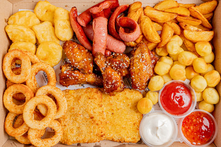Takeout: wings, fries, sausages, fried onions, sauces.の写真素材