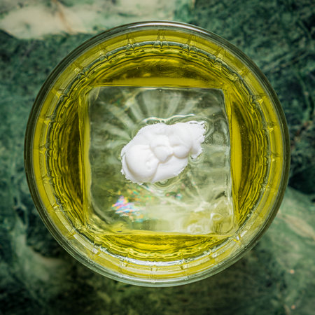 A vibrant green drink is served in a glass with a large ice cube topped with soft white foam.の写真素材