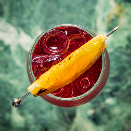 A vibrant cocktail with ice and a charred lemon slice on the rim, perfect for summer.の写真素材