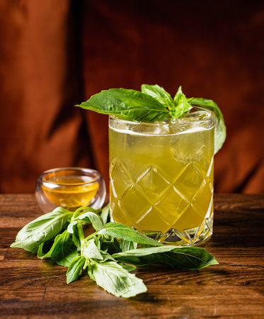 A vibrant drink made with fresh basil and honey sits on a wooden table, showcasing earthy tones.の写真素材