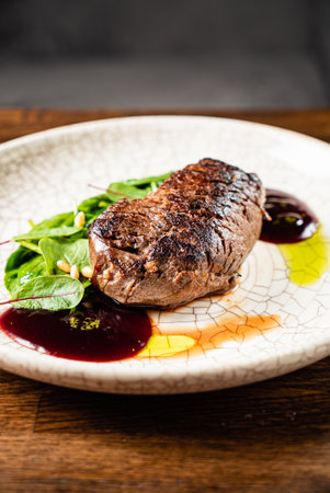 Juicy steak rests on a cracked plate, accompanied by fresh greens and colorful sauces.の写真素材