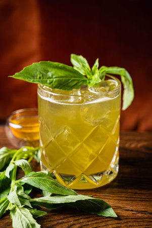 A glass of herbal drink with fresh basil and honey sits on the table.の写真素材