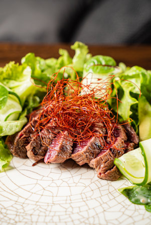 Juicy beef slices arranged with crisp lettuce and delicate cucumber ribbons.の写真素材