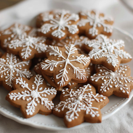 A plate of round gingerbread cookies with detailed icing, ideal for festive gatherings.の素材
