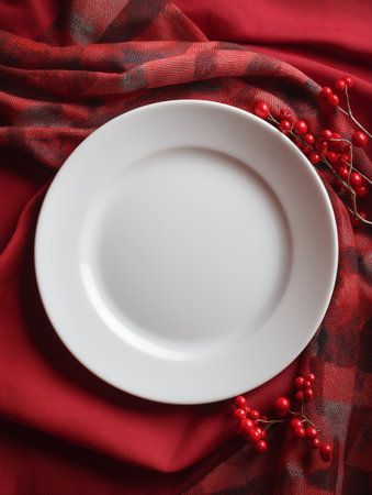 An empty plate on a red cloth with berry accents creates a festive holiday vibe.の素材