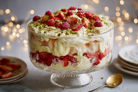 Festive dessert centerpiece with layers of fruit, cream, and sponge for holiday cheer.の素材