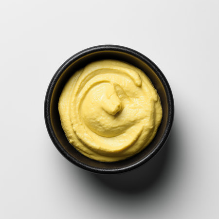 A small black bowl holds creamy, vibrant yellow hummus, tempting with its smooth surface.の素材