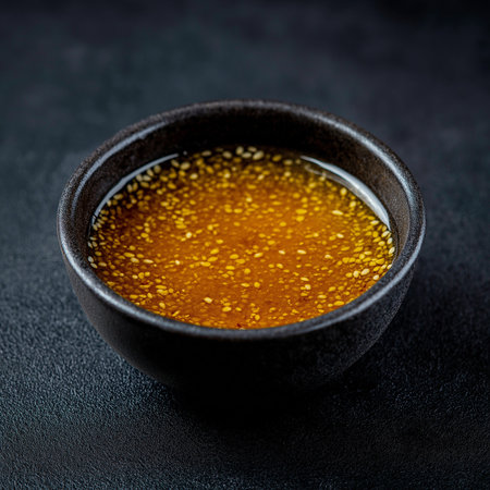 A golden honey sesame vinaigrette sits in a small black bowl against a dark background.の素材
