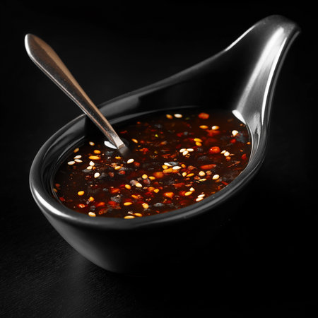 Savory sauce rich in flavor sits in a stylish black dish, enhancing culinary delights.の素材