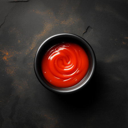 A small black bowl filled with bright red sriracha sauce sits on a dark surface, inviting tasting.の素材