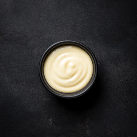 Creamy mayo sauce rests in a small black bowl, creating a soft contrast against the dark background.の素材