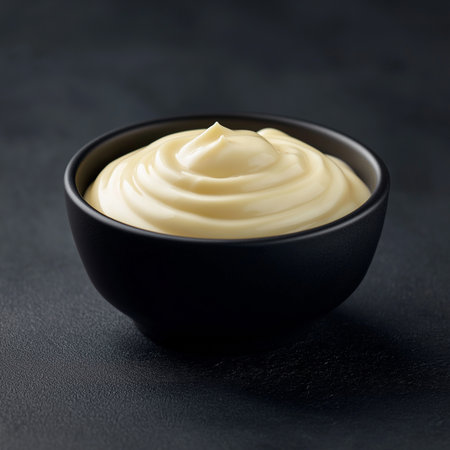 A small black bowl holds smooth, creamy mayo, contrasting beautifully with the dark surface.の素材