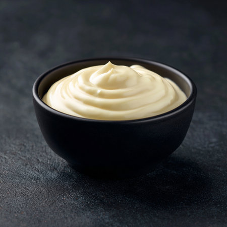 A small black bowl filled with creamy mayo sauce sits on a dark surface, inviting taste.の素材